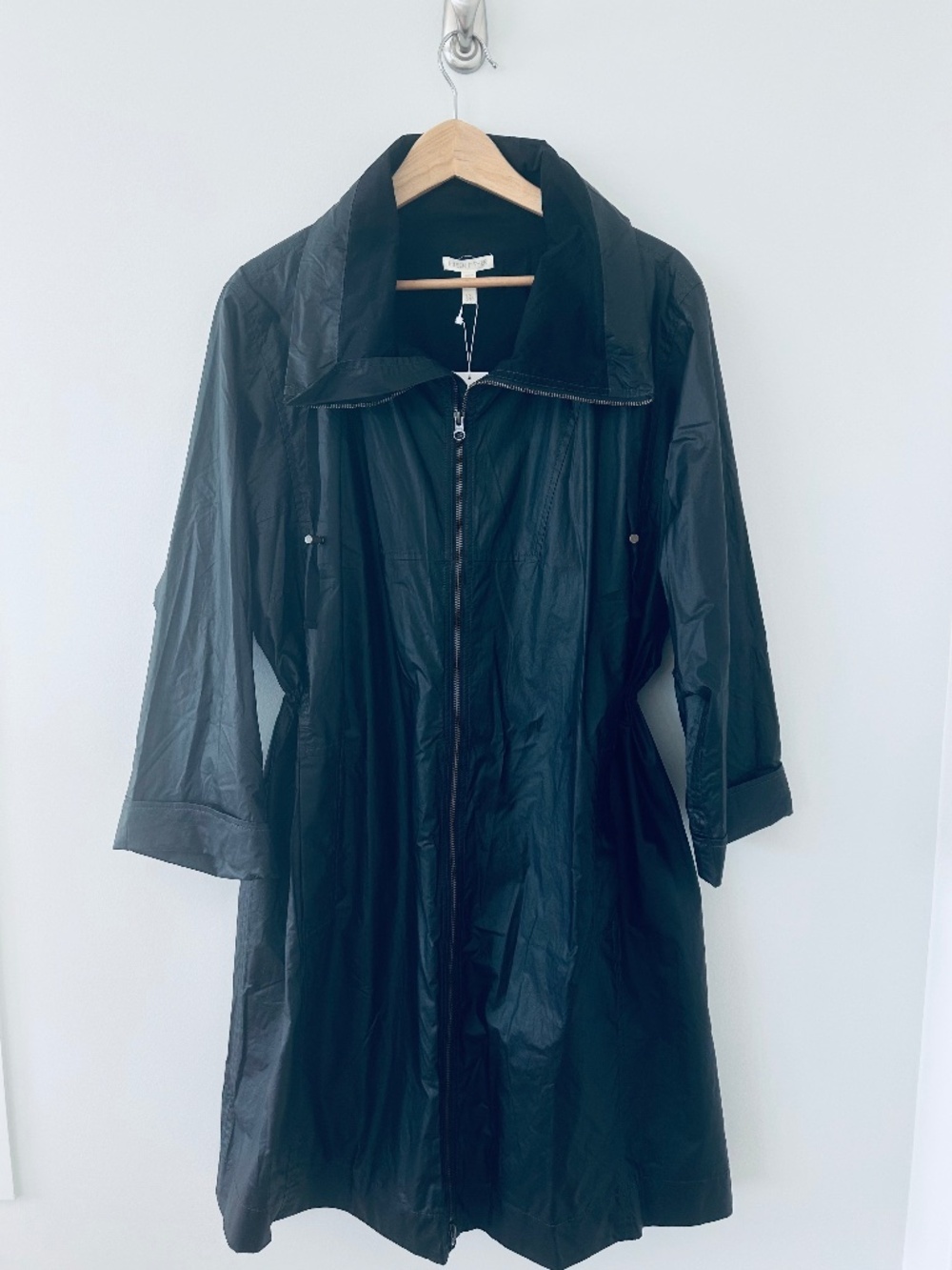 NWT EILEEN FISHER Coated Organic Cotton High Collar Jacket in Black Sz L/XL